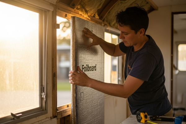 Person installing Foilboard insulation inside a caravan during a renovation project.