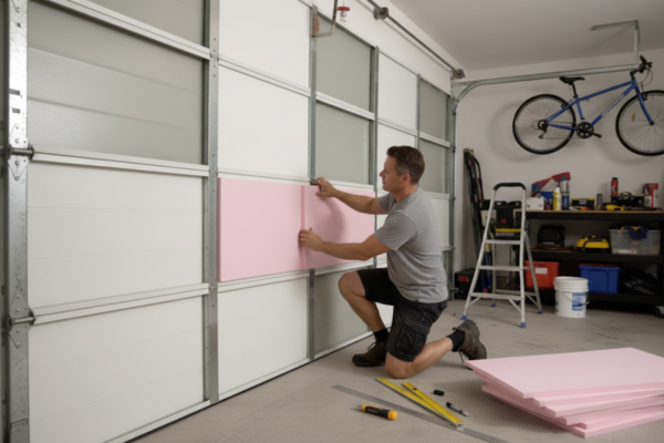 A person installing foil insulation on a garage door with adhesive.