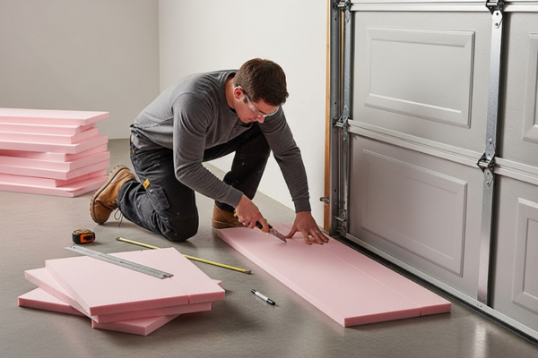 A person in a garage cutting pink foam insulation for a garage door.