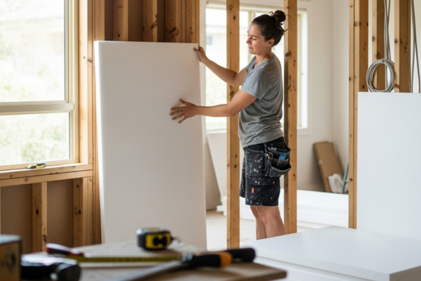 Woman installing a large EPS foam insulation board into a wall cavity in a Brisbane home under renovation.
