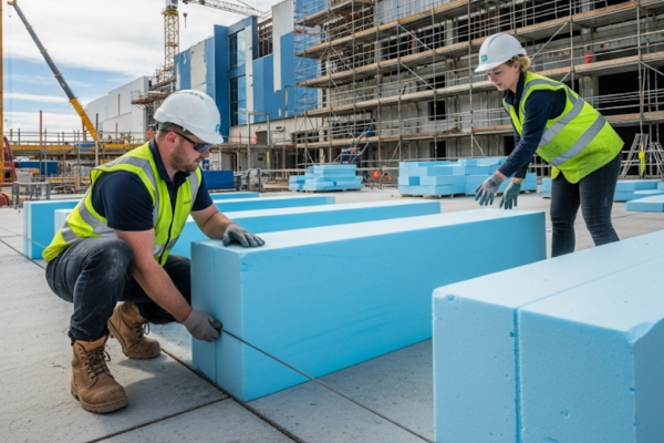 Two WA construction workers laying blue foam blocks on a concrete site.