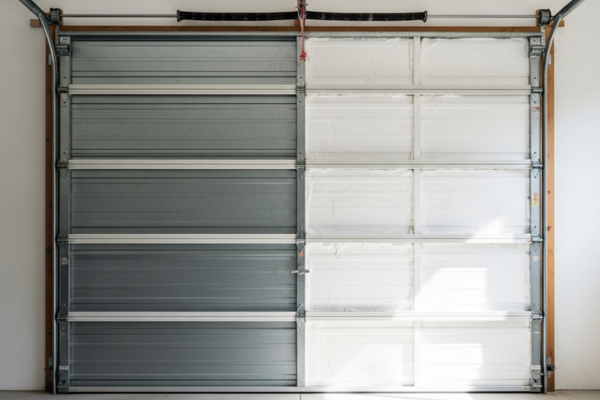 Garage door half-insulated with white foam panels, tools and more foam on the floor.