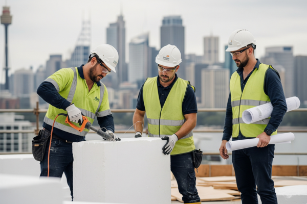 Three construction workers on a Sydney job site installing polystyrene foam insulation.