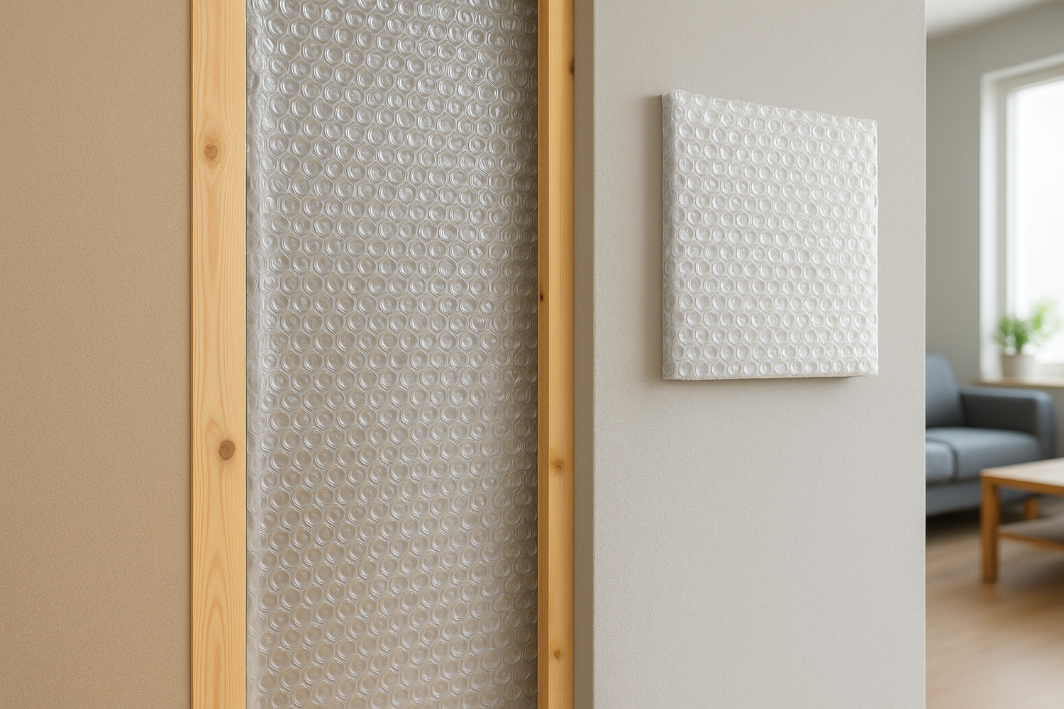 A white wall featuring a wooden frame and a white door, creating a clean and simple interior design.