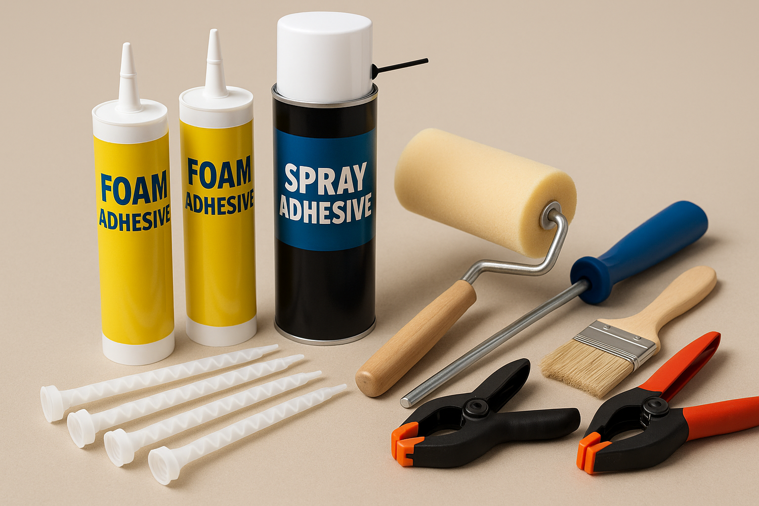 Various tools and supplies for applying foam insulation, including spray guns, foam cans, and protective gear.