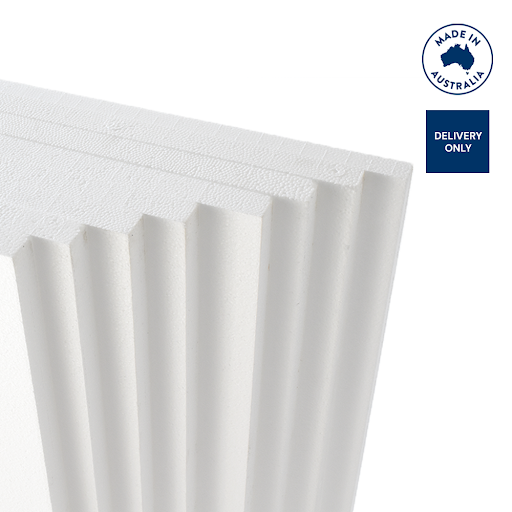 Stack of white EPS polystyrene foam sheets for home insulation, lightweight, rigid and made in Australia.