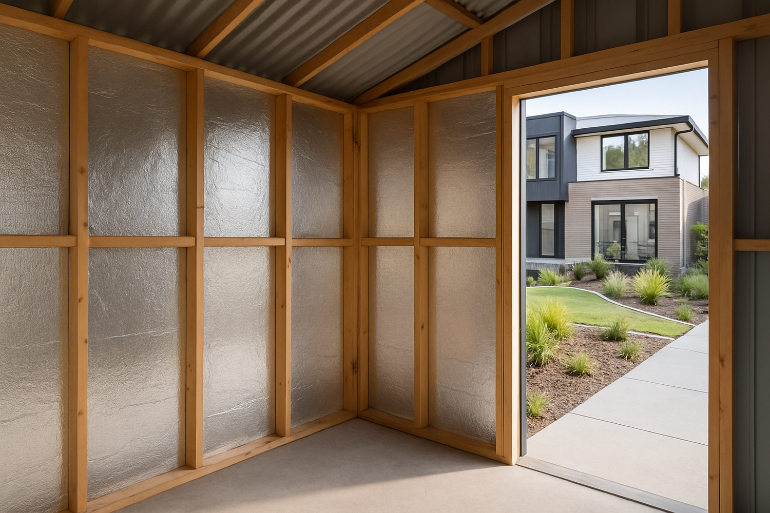 View from inside an unfinished shed with exposed wooden framing and foil insulation, looking out to a modern house and landscaped yard through an open doorway.