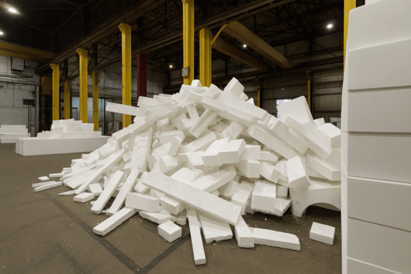 Large pile of irregular white EPS foam pieces stacked in the middle of an industrial warehouse, with tall yellow steel columns and high ceilings framing the background.