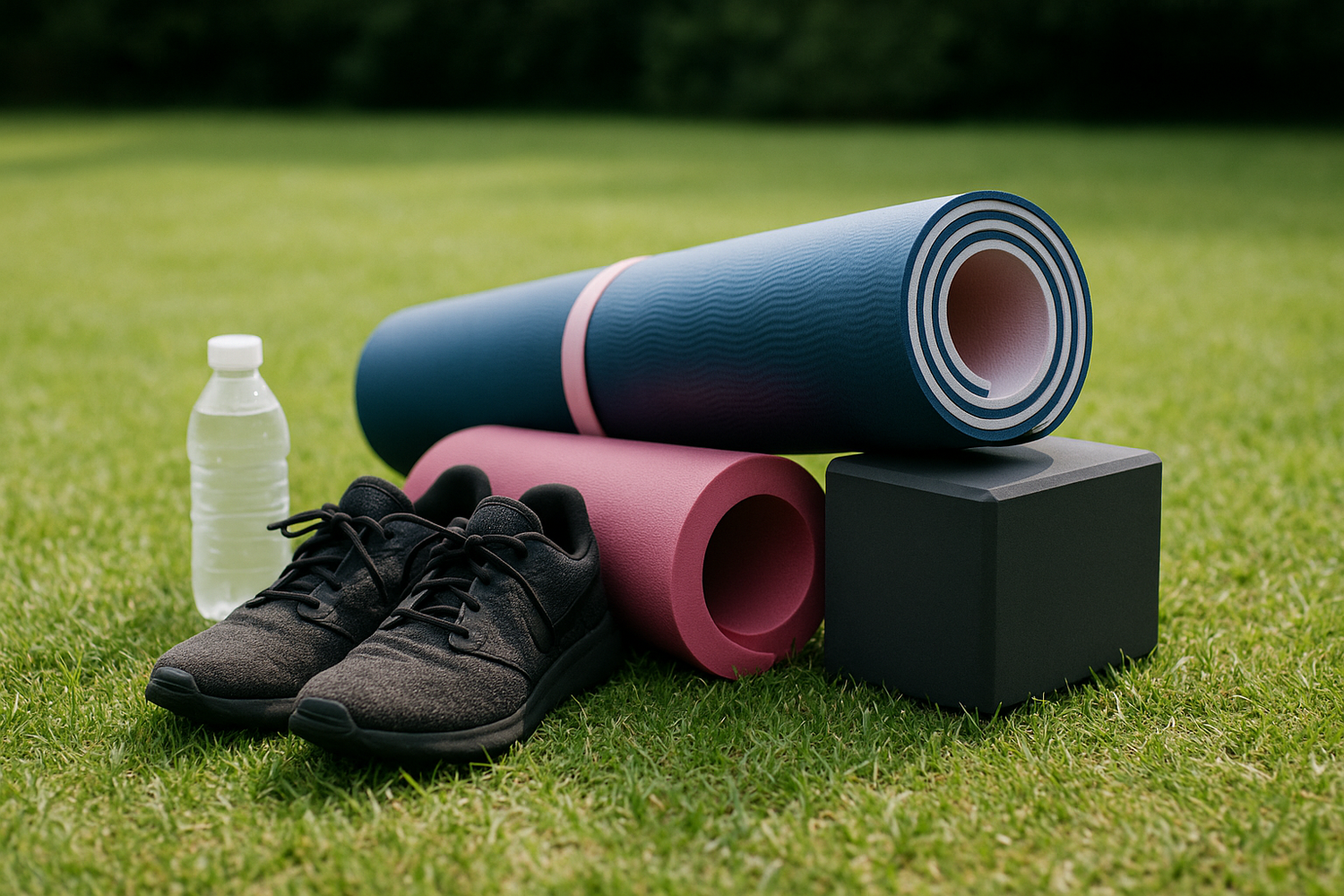 A pair of black sneakers, a bottle of water, two rolled yoga mats, and a yoga block are arranged on grass outdoors.