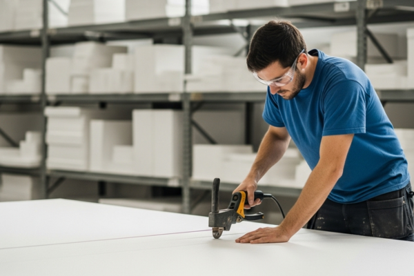 Worker in a Melbourne warehouse precisely cutting a large white foam sheet.