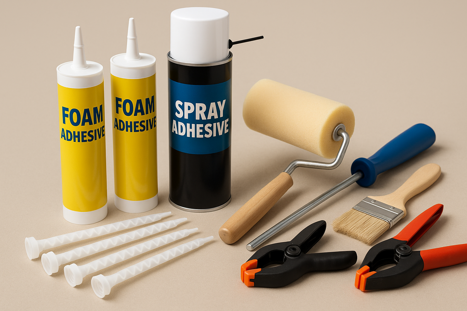 Various tools and supplies for applying foam insulation, including spray guns, foam cans, and protective gear.