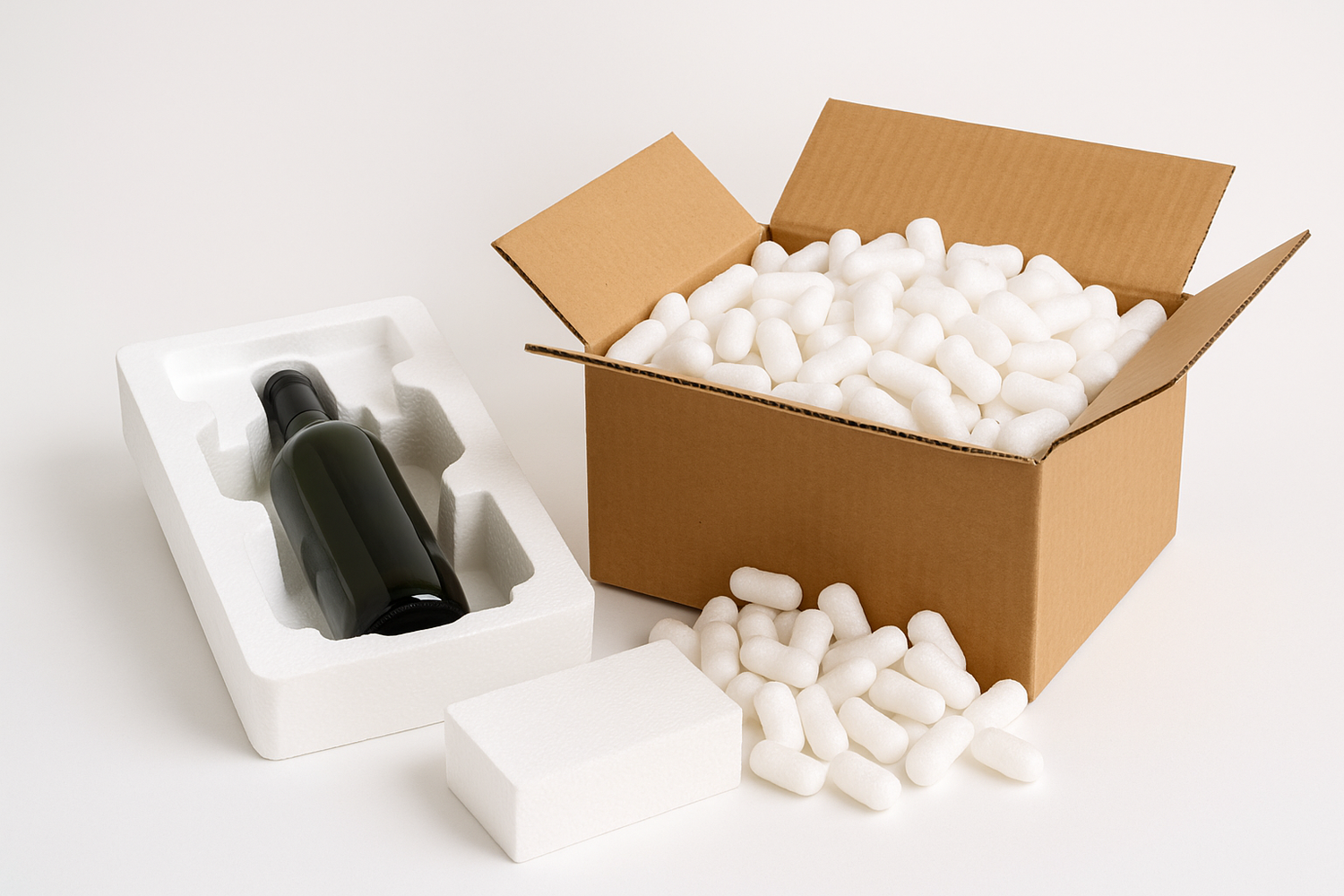 A box with white foam cushioning a bottle of wine, highlighting its secure and elegant presentation.