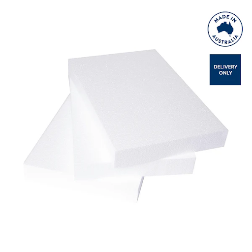 Polystyrene foam cut-to-size sheets stacked for construction, insulation and building projects.